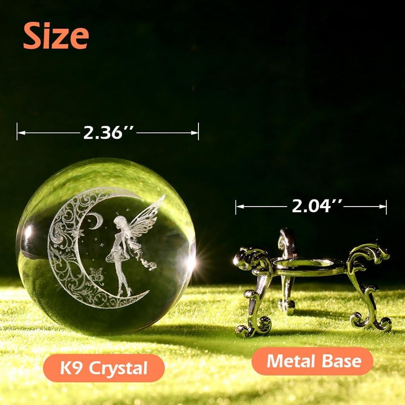 ZRENJHUS Fairy Crystal Ball 3D Moon Fairy Decorative Ball 60mm Glass Sphere Decor 3D Engraving Gifts for Girls Women Wife Wedding Gift with Stand - Image 5